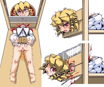 1girl anus ass blonde_hair blood bound death decapitation execution guillotine guro loli luna_child peeing pussy red_eyes sukiyo touhou
