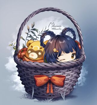 1girl basket black_hair bow commentary genshin_impact grey_background guoba_(genshin_impact) in_basket in_container looking_at_viewer milavana one_eye_closed orange_bow orange_eyes peeking_out pumpkin signature solo twitter_username wicker_basket xiangling_(genshin_impact)