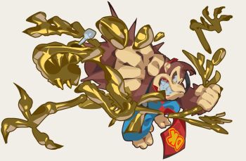 1boy absurdres bare_arms bare_shoulders barefoot blue_overalls bluegeyko clenched_teeth commentary donkey_kong donkey_kong_(series) donkey_kong_bananza english_commentary fighting full_body highres large_hands leg_grab monkey necktie nintendo no_shirt overalls punching red_necktie simple_background teeth v-shaped_eyebrows white_background