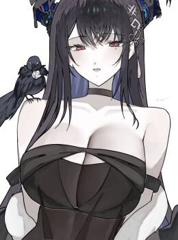 1girl absurdres alternate_costume animal animal_on_shoulder asymmetrical_horns bird bird_on_shoulder black_dress black_hair blue_hair blush breasts cleavage closed_mouth colored_inner_hair crow crystal_horns demon_horns dress ewn hair_ornament highres hololive hololive_english horns large_breasts long_hair looking_at_viewer mole mole_under_eye multicolored_hair nerissa_ravencroft red_eyes simple_background solo two-tone_hair uneven_horns very_long_hair virtual_youtuber white_background