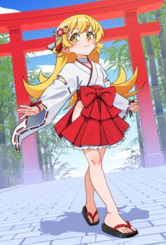 absurdres arms_at_sides bamboo bamboo_forest bare_hips bare_legs blonde_hair blue_sky blush_stickers bow brick_floor choker closed_mouth clothing_cutout cloud collarbone crotch dutch_angle flat_chest flip-flops flipped_hair forest full_body hair_flaps hair_ornament hakama hakama_short_skirt hakama_skirt highres hip_vent japanese_clothes kimono knee_blush long_hair looking_to_the_side miko monogatari_(series) nature no_panties open_hands oshino_shinobu outstretched_arms petticoat pointy_ears red_hakama ribbon-trimmed_sleeves ribbon_trim ricman_rt ringed_eyes running_bond sandals shadow skirt sky slit_pupils standing stepping swept_bangs toenails toes torii very_long_hair waist_bow white_choker white_kimono wide_sleeves yellow_eyes zouri