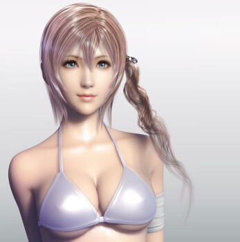 10s 1girl 3d armband bikini bikini_top_only blue_eyes breasts cleavage female_focus final_fantasy final_fantasy_xiii highres large_breasts pink_hair revision serah_farron shiny_skin side_ponytail sideboob solo strap_gap swimsuit underboob white_bikini znz
