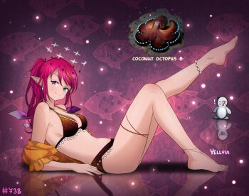 1girl animal_print anklet artist_name asymmetrical_wings bead_anklet beads bikini bird black_bikini blue_eyes breasts cleavage crystal_wings detached_wings earrings fish_background fish_print halo halterneck heterochromia hololive hololive_english irys_(hololive) jacket jewelry long_hair looking_at_viewer medium_breasts mismatched_wings multicolored_hair no_horns octopus open_clothes open_jacket penguin pointy_ears ponytail purple_eyes purple_hair red_hair smile solo star_halo streaked_hair string_bikini swimsuit thighlet virtual_youtuber wings yellyvi