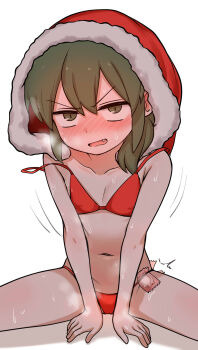 1girl bikini blush condom condom_wrapper_in_clothes fang flat_chest green_eyes green_hair hat highres igarashi_futaba looking_at_viewer medium_hair motion_lines navel note2000 oversized_hat red_bikini red_hat santa_hat senpai_ga_uzai_kouhai_no_hanashi simple_background sitting solo sweat swimsuit white_background