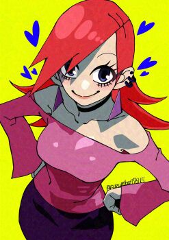 1girl artist_name black_choker cartoon_network choker commentary_request ear_piercing earrings foster's_home_for_imaginary_friends frankie_foster highres hoop_earrings jewelry long_bangs multiple_piercings piercing red_hair signature solo suzumbati76115 twitter_username