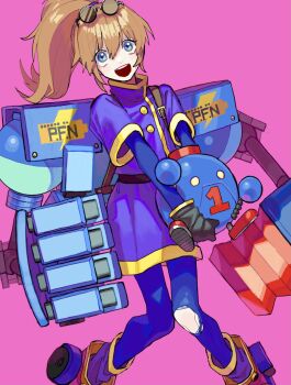 1girl :d black-framed_eyewear black_gloves blue_dress blue_eyes blue_pantyhose bobot brown_hair dress eyewear_on_head gloves hair_between_eyes highres holding long_hair mechanical_arms open_mouth pantyhose pink_background ponytail precis_neumann robot round_eyewear round_teeth short_sleeves simple_background smile star_ocean star_ocean:_the_second_story teeth torn_clothes torn_pantyhose upper_teeth_only yellow_trim yoshioka_suke