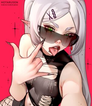 1girl \n/ areola_slip belt black_nails black_shorts breasts commentary covered_erect_nipples crop_top earrings english_commentary fingernails fishnets flat_chest frieren from_above goth_fashion gothic_punk green_eyes half-closed_eyes highres hotaru_sen jewelry long_fingernails long_hair looking_at_viewer makeup mascara mole mole_on_arm mole_on_shoulder multiple_moles navel_piercing parted_bangs petite piercing runny_makeup shirt short_shorts shorts skinny small_breasts sousou_no_frieren studded_belt tongue tongue_out tongue_piercing torn_clothes torn_shirt twintails white_hair