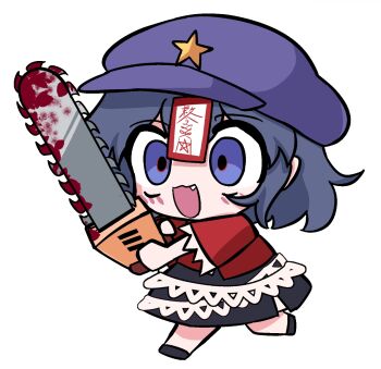 1girl black_shoes black_skirt blood blush chainsaw chibi chibi_only commentary_request fang full_body hat hat_ornament highres holding holding_chainsaw jiangshi miyako_yoshika newsboy_cap ofuda open_mouth purple_eyes purple_hat que_si_tian_yu_ze red_shirt shirt shoes short_hair simple_background skirt smile solo star_(symbol) star_hat_ornament touhou white_background