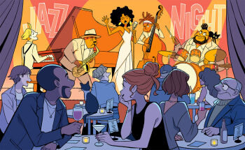 6+boys 6+girls alt_text black_cat black_hair blonde_hair bottle brown_hair candle cat cello closed_eyes cocktail_glass commentary_request cup curly_hair dark-skinned_male dark_skin dreadlocks dress drinking_glass drum earrings english_text facial_hair fedora freckles glasses gurihiru hair_bun hat holding holding_cup holding_instrument holding_microphone_stand holding_saxophone instrument jacket jazz jewelry long_hair microphone_stand multiple_boys multiple_girls music necklace open_mouth orange_hair original piano playing_drum playing_instrument playing_piano profile saxophone shirt short_hair singing sitting smile stage suspenders undercut united_states white_dress white_shirt