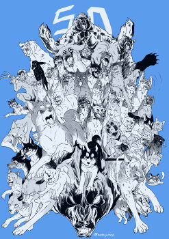 absolutely_everyone absurdres akakabuto_(ginga_nagareboshi_gin) akazaru akita_inu animal animal_focus aram_(ginga_densetsu_weed) bear ben_(ginga_nagareboshi_gin) blue_background boar butch_(ginga_densetsu_weed) character_request claws dog everyone german_shepherd ginga_(franchise) ginga_densetsu_weed greyscale_with_colored_background highres hiro_(ginga_densetsu_weed) jerome_(ginga_densetsu_weed) liger_(ginga_densetsu_weed) looking_at_viewer lydia_(ginga_densetsu_weed) monkey no_humans official_style open_mouth running signature simple_background waterpoteto weed_(ginga_densetsu_weed)
