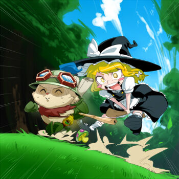 1boy 1girl bad_id bad_pixiv_id blonde_hair braid broom broom_riding chasing crossover hat kirisame_marisa league_of_legends mushroom running spacezin teemo tongue touhou witch witch_hat yellow_eyes