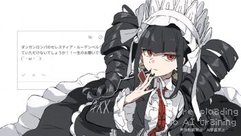 Rule 34 | black hair, black jacket, black skirt, bonnet, card, celestia ludenberg, center frills, chinstrap, closed mouth, collared shirt, danganronpa (series), drill hair, earrings, frilled bonnet, frilled shirt, frilled skirt, frills, gothic lolita, hand to own mouth, hand up, holding, holding card, jacket, jewelry, layered skirt, lolita fashion, long hair, long sleeves, looking to the side, necktie, odaibako, playing card, red eyes, red necktie, request inset, ribbon, shiro srmsk, shirt, simple background, skirt, stud earrings, translation request, twin drills, twintails, upper body, watermark, white background, white bonnet, white ribbon, white shirt
