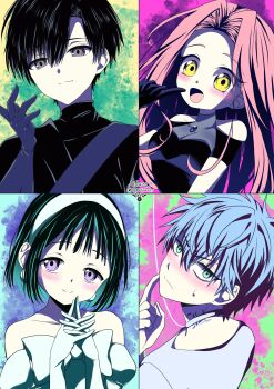 Rule 34 | 2boys, 2girls, aida24 7, aqua eyes, aqua hair, artist name, bare shoulders, black hair, blue gloves, blush, bow, breasts, character request, cleavage, closed mouth, commentary, copyright request, english commentary, eyelashes, finger to cheek, gloves, green hair, grey eyes, hair intakes, hairband, highres, instagram logo, instagram username, jewelry, long hair, looking back, multiple boys, multiple girls, necklace, open mouth, own hands together, pink hair, purple eyes, short hair, smile, split mouth, sweatdrop, twitter logo, twitter username, white hairband, yellow eyes