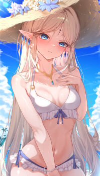 1girl alternate_costume bare_shoulders bikini blonde_hair blue_eyes blue_flower blue_nails blue_sky blush breasts cartethyia_(wuthering_waves) closed_mouth collarbone commentary day earrings fingernails flower hand_on_own_chest hat hat_flower highres jewelry long_hair long_pointy_ears looking_at_viewer meul multiple_earrings nail_polish navel necklace outdoors parted_bangs pointy_ears sidelocks sky small_breasts smile solo stomach straw_hat swimsuit tacet_mark_(wuthering_waves) very_long_hair wet white_bikini wuthering_waves