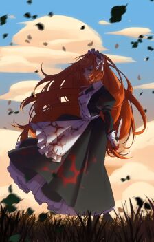 1girl absurdres alternate_costume apron arms_behind_back black_dress blood blood_on_clothes blood_on_hands bloody_knife closed_mouth cloud cloudy_sky commentary day dress english_commentary enmaided from_side grass green_eyes highres holding holding_behind_back holding_knife holding_knife_behind_back ishmael_(project_moon) juliet_sleeves knife kuraedo leaf limbus_company long_dress long_hair long_sleeves looking_at_viewer maid maid_apron maid_headdress orange_hair outdoors project_moon puffy_sleeves sky solo swept_bangs white_apron