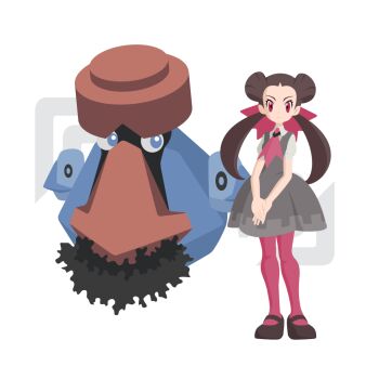 1girl black_shoes blue_eyes bright_pupils brown_hair cjoewd closed_mouth commentary dress eyelashes facial_hair flat_color full_body gen_4_pokemon grey_dress hair_ribbon long_hair nintendo no_lineart own_hands_together pantyhose pink_eyes pink_pantyhose pink_ribbon pokemon pokemon_(creature) pokemon_oras probopass red_nose ribbon roxanne_(pokemon) shoes short_hair short_sleeves smile standing twintails white_pupils