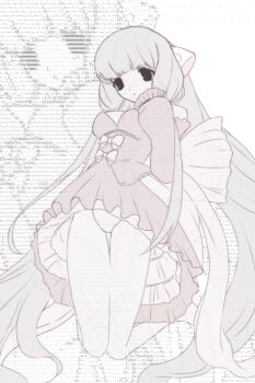 1girl 2000s_(style) :o android arm_behind_back ascii_art black_eyes blunt_bangs bow chii chobits colored_skin commentary_request different_zoom_layer dress frilled_dress frilled_sleeves frills from_below full_body hand_on_own_cheek hand_on_own_face hand_up highres kneeling long_hair looking_at_viewer low-tied_sidelocks open_mouth panties parted_lips persocom_(chobits) robot_ears robot_girl sidelocks simple_background somnia_2 underwear very_long_hair white_background white_bow white_dress white_hair white_panties white_skin