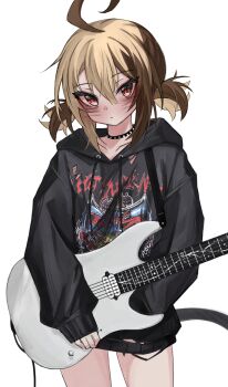 1girl absurdres ahoge akarinnndesu alternate_costume black_choker black_hoodie blonde_hair blush brown_hair choker closed_mouth commentary cowboy_shot electric_guitar gigi_murin guitar highres holding holding_guitar holding_instrument hololive hololive_english hood hood_down hoodie huge_ahoge instrument looking_at_viewer multicolored_hair pink_eyes print_hoodie short_hair simple_background sleeves_past_wrists solo spiked_choker spikes standing twintails two-tone_hair untranslatable_commentary virtual_youtuber white_background