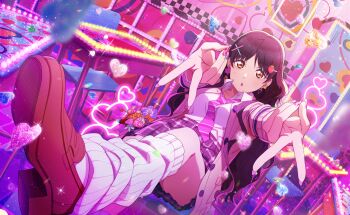 1girl black_hair breasts brown_shoes cardigan diagonal-striped_clothes diagonal-striped_necktie double_gyaru_v earrings flower_earrings food-themed_hair_ornament foreshortening game_cg gyaru_v hair_down hair_ornament hazuki_ren heart heart_earrings highres indoors jewelry leg_warmers long_finger long_hair love_live! love_live!_school_idol_festival_2 love_live!_superstar!! nail_polish necktie official_art open_cardigan open_clothes pink_nails pink_necktie plaid_clothes plaid_skirt pleated_skirt shoes sitting skirt solo star_(symbol) star_earrings strawberry_hair_ornament striped_clothes third-party_source v wavy_hair x_hair_ornament