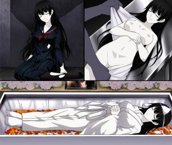 1boy 1girl autopsy autopsy_table black_hair breasts closed_eyes coffin death funeral large_breasts lazy_tiger long_hair nude school_uniform yanderenohako_(artist)