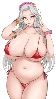 1girl absurdres aged_up areola_slip armlet bad_id bad_pixiv_id belly bikini bracelet breasts cameltoe choker cleavage collarbone covered_erect_nipples curvy fang fingernails flower glasses hair_flower hair_ornament heart heart_choker highres huge_breasts jewelry labiata_(last_origin) last_origin long_hair looking_at_viewer maid_headdress micro_bikini moebell navel open_mouth orange_eyes pink_choker plump prototype_labiata puffy_nipples pulling_own_clothes red_bikini side-tie_bikini_bottom silver_hair simple_background skindentation smile solo standing strap_pull swimsuit thick_thighs thighs very_long_hair waga_(user_ptfu4774) white_background