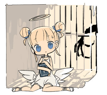 1girl angel angel_wings ankle_lace-up backlighting bare_arms bare_shoulders blonde_hair blue_bow blue_eyes blunt_bangs blush_stickers book border bow choker confused double_bun dress frills full_body hair_bow hair_bun halo hand_up head_tilt holding holding_book in_cell indoors looking_at_viewer low_wings no_nose no_pupils original out_of_frame outside_border parted_lips prison prison_cell raised_eyebrow shade shoes short_dress sitting sleeveless sleeveless_dress solo tareme wariza white_border white_choker white_dress white_shoes white_wings wings yukihi