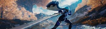 1girl 3d artist_name autumn_leaves blender_(medium) blue_cape blue_gloves blue_hair blue_necktie blue_sky boots bush cape cloud cloudy_sky commentary_request day eula_(genshin_impact) facing_away feet_out_of_frame fighting_stance genshin_impact gloves greatsword hair_ornament high-waist_shorts highres leaf long_sleeves medium_hair mountain necktie outdoors river rock scenery selescha.arts shorts sky solo song_of_broken_pines_(genshin_impact) sun sword thigh_boots thighhighs thighs title tree weapon