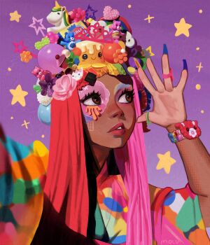 1girl absurdres art_study bead_bracelet beads bear_hair_ornament bracelet brown_eyes care_bears cat_hair_ornament character_hair_ornament cheer_bear cloud_hair_ornament commentary dark-skinned_female dark_skin decora english_commentary eyelashes eyeshadow facepaint fashion fingernails flower grumpy_bear gyaru hair_flower hair_ornament hand_up hello_kitty hello_kitty_(character) highres jewelry lips long_fingernails long_hair makeup molu_(sodasnaps) original painterly photo-referenced pink_hair purple_background rainbow_hair_ornament realistic ring sanrio simple_background solo star_(symbol) straight_hair too_many_hair_ornaments unicorn unicorn_hair_ornament upper_body