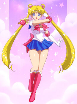 1girl bishoujo_senshi_sailor_moon bishoujo_senshi_sailor_moon_r blonde_hair blue_eyes blue_sailor_collar bow choker crescent crystal_star_(sailor_moon) cutie_moon_rod double_bun earrings elbow_gloves gloves hair_bun hair_ornament heart highres jewelry long_hair magical_girl pirochi red_bow red_choker sailor_collar sailor_moon sailor_senshi_uniform skirt smile solo tsukino_usagi twintails very_long_hair white_gloves