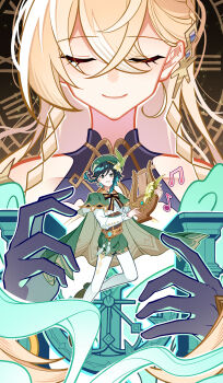 1boy 1girl absurdres androgynous aqua_hair beret black_gloves black_hair blonde_hair bow braid cape chinese_commentary closed_eyes closed_mouth collared_cape collared_shirt commentary_request corset flower frilled_sleeves frills genshin_impact gloves gradient_hair green_shorts hair_between_eyes hair_flower hair_ornament hat hat_flower highres holding holding_instrument instrument istaroth_(genshin_impact) jewelry leaf long_hair long_sleeves lyre multicolored_hair music musical_note pantyhose playing_instrument shirt shorts side_braids smile suzhigao_youcuoma twin_braids venti_(genshin_impact) vision_(genshin_impact) white_flower white_pantyhose white_shirt