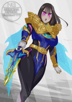 Rule 34 | 1girl, armored bodysuit, bodysuit, brown hair, ichikawa sumino, no.1 sentai gozyuger, no headwear, otokamu, purple eyes, ryo tegasword, super sentai, sword, weapon