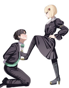 1boy 1girl absurdres black_boots black_dress black_hair black_jacket black_pants black_shoes blonde_hair blue_eyes boots bow bowtie butler commentary dress foot_on_another&#039;s_chest gem gem_hair_ornament green_bow green_bowtie green_vest hair_ornament hand_on_own_hip high_heel_boots high_heels highres jacket kneeling leg_up looking_at_another maruko_gaku official_alternate_costume oosuzuki_kurara pakimoti pants red_eyes red_gemstone shirt shoes short_hair simple_background the_hundred_line_-last_defense_academy- vest white_background white_shirt