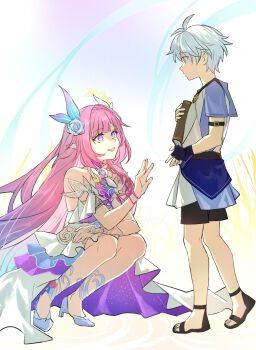 1boy 1girl aged_down ahoge black_shorts blue_shirt book cyrene_(honkai:_star_rail) cyrene_(ripples_of_past_reverie)_(honkai:_star_rail) diamond-shaped_pupils diamond_(shape) dress flower hair_flower hair_ornament high_heels highres holding holding_book honkai:_star_rail honkai_(series) kk_(kkgame7733) long_hair phainon_(a_dream_scented_in_wheat)_(honkai:_star_rail) phainon_(honkai:_star_rail) pink_hair pointy_ears purple_eyes shirt short_hair shorts simple_background smile symbol-shaped_pupils very_long_hair white_background white_dress white_hair