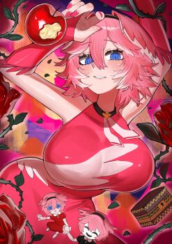 @_@ apple arms_up bare_shoulders blue_eyes breasts commentary dress english_commentary feathered_wings flower food fruit gloves hair_between_eyes head_wings headband highres hololive large_breasts light_blush looking_at_viewer nail_polish necktie open_mouth partially_fingerless_gloves puppet red_dress red_nails rose short_hair sleeveless sleeveless_dress takane_lui teeth virtual_youtuber wings yuuppi