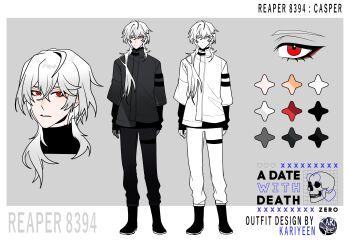 1boy a_date_with_death absurdres aegyo_sal ahoge black_gloves black_jacket black_shirt boots casper_(a_date_with_death) character_name color_guide copyright_name english_text expressionless full_body gloves hair_over_shoulder highres jacket jellyfish_cut multiple_views official_art parted_lips promotional_art red_eyes reference_sheet shirt standing white_hair