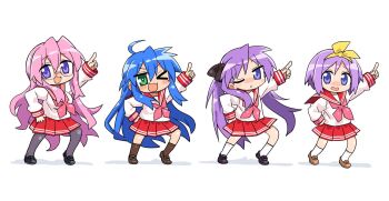 4girls ahoge black_pantyhose black_socks blue_hair chibi dancing full_body glasses green_eyes hairband hiiragi_kagami hiiragi_tsukasa izumi_konata kanikama long_hair lucky_star mole mole_under_eye motteke!_serafuku multiple_girls one_eye_closed pantyhose pink_hair pink_serafuku pointing purple_eyes purple_hair red_skirt ryouou_school_uniform sailor_collar school_uniform serafuku shoes short_hair skirt smile socks takara_miyuki twintails white_socks yellow_hairband