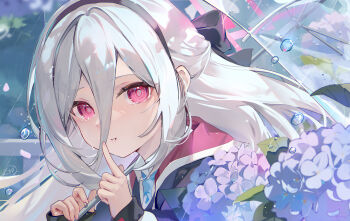 1girl absurdres blue_archive bow coat commentary finger_to_mouth flower hair_between_eyes hair_bow hairband halo highres kei_(blue_archive) kei_(student)_(blue_archive) kita_(kitairoha) long_hair long_sleeves necktie pink_halo rain red_eyes ringed_eyes school_uniform shushing sideways solo tears umbrella white_hair