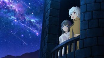 1boy 1girl :d anime_coloring bell_cranel black_hair black_pants blue_choker blue_eyes blunt_bangs breasts brick_wall brown_jacket choker closed_mouth danmachi_battle_chronicle dungeon_ni_deai_wo_motomeru_no_wa_machigatteiru_darou_ka game_cg hand_on_railing hestia_(danmachi) highres jacket long_hair looking_afar looking_ahead medium_breasts night night_sky non-web_source official_alternate_costume official_alternate_hairstyle official_art open_mouth pants red_eyes shirt shooting_star short_hair sky smile star_(sky) starry_sky white_hair white_shirt