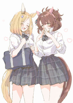 2girls ahoge animal_ears bag blonde_hair blush bow breasts brown_eyes brown_hair checkered_ribbon closed_eyes closed_mouth collared_shirt dantsu_flame_(umamusume) ear_covers ear_ornament ear_ribbon grey_bow grey_skirt hair_between_eyes heart highres horse_ears horse_girl horse_tail long_sleeves multicolored_hair multiple_girls narita_top_road_(umamusume) open_mouth school_bag school_uniform shirt short_hair shoulder_bag simple_background single_ear_cover skirt smile tail umamusume white_background white_hair white_shirt yoiisand