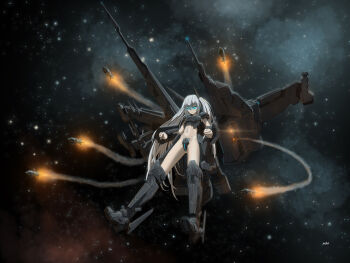 1girl absurdres action armored_boots attack battle battleship_(eve_online) blue_eyes blue_pupils boots caldari_state_(eve_online) eve_online female_focus fire firing glowing glowing_eyes gluteal_fold headgear highres long_hair machinery mcrc_science mecha_musume mechanical_wings military military_vehicle missile missile_pod navel original outdoors personification raven_(eve_online) robot_ears rocket ship sky slit_pupils smoke smoke_trail solo space space_ship spacecraft spaceship star_(sky) starry_sky stomach thighs very_long_hair warship watercraft weapon white_hair wings