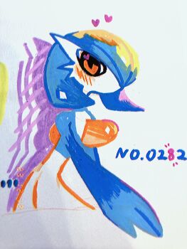 Rule 34 | 1girl, alternate color, blue hair, blue skin, blush, bob cut, colored skin, cropped torso, dated, female focus, flat chest, gardevoir, gen 3 pokemon, hair over one eye, heart, leaning forward, looking at viewer, multicolored skin, nintendo, no mouth, one eye covered, orange eyes, pokedex number, pokemon, pokemon (creature), powerpuff (pixiv 60944739), shiny pokemon, short hair, simple background, solo, standing, traditional media, two-tone skin, upper body, white background, white skin