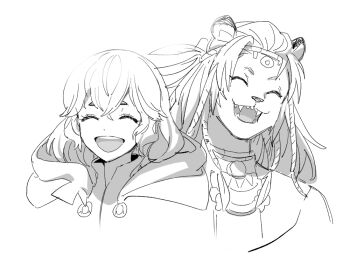 2girls braid circlet closed_eyes commentary_request dede_(qwea_00000) fangs final_fantasy final_fantasy_xiv greyscale happy hood hood_down hrothgar hyur korean_commentary lion_girl monochrome multiple_braids multiple_girls open_mouth short_eyebrows short_hair sketch sphene_(ff14) teeth upper_body upper_teeth_only wuk_lamat
