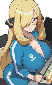 1girl alternate_costume breasts cleavage cynthia_(pokemon) glasses large_breasts mituyota_76 nintendo pokemon pokemon_dppt