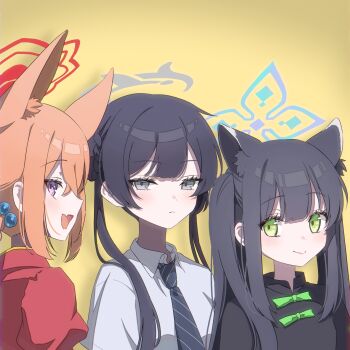 3girls absurdres animal_ear_fluff black_dress black_hair black_necktie blue_archive blue_halo blush braid closed_mouth commentary_request dress green_eyes grey_eyes grey_halo hair_between_eyes halo highres kisaki_(blue_archive) kisaki_(school_uniform)_(blue_archive) looking_at_viewer mugi_(marineblue134) multiple_girls necktie open_mouth pink_eyes red_dress red_halo rumi_(blue_archive) rumi_(small)_(blue_archive) shirt shun_(blue_archive) shun_(small)_(blue_archive) simple_background smile striped_clothes striped_necktie twintails upper_body white_shirt yellow_background