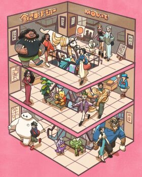 3boys 6+girls anna_(frozen) arm_tattoo baymax beast_(disney) belle_(disney) big_hero_6 bird black_hair blue_hat blue_sailor_collar boo_(monsters_inc.) braid braided_ponytail braided_twintails brown_hair commentary_request crossed_arms disney dress elsa_(frozen) flynn_rider frozen_(disney) hat highres hiro_hamada holding_another&#039;s_hair horse james_p._sullivan leg_tattoo long_dress long_hair maui_(moana) maximus_(tangled) mike_wazowski moana_(movie) moana_waialiki monsters_inc. mother_gothel multiple_boys multiple_girls olaf_(frozen) pascal_(tangled) piglet_(winnie_the_pooh) pink_background pooh rapunzel_(disney) sailor_collar short_hair siblings side_ponytail sisters sitting smile snow_white_(disney) snow_white_and_the_seven_dwarfs_(disney) takeuchi_ryousuke tangled tattoo very_long_hair wavy_hair winnie_the_pooh