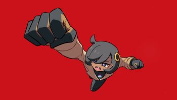 1girl arm_up black_bodysuit black_gloves black_hair blue_eyes bodysuit bodysuit_under_clothes brown_coat clenched_hands coat commentary cowlick d: dark-skinned_female dark_skin emma_(pokemon) foreshortening from_above furrowed_brow gloves gun_gun_cut hair_between_eyes hair_ornament knee_up lapels latex latex_bodysuit long_sleeves looking_up mega_stone nintendo open_mouth orange_gloves parody pokemon pokemon_legends:_z-a raised_fist reaching reaching_towards_viewer red_background serious shadow_(modeler3622) short_hair simple_background solo swept_bangs teeth tokusatsu two-tone_gloves ultra_series ultraman_(1st_series) upper_teeth_only v-shaped_eyebrows