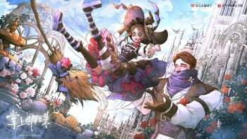 1boy 1girl alternate_costume arms_up artist_request bird black_bodice black_boots black_gloves black_skirt black_thighhighs black_vest blue_sky bodice boots bow bread broom brown_hair cathedral chinese_commentary choker church closed_eyes cloud commentary_request commission commissioner_name cross-laced_clothes cross-laced_gloves dress dutch_angle elbow_gloves emma_woods facial_hair father_and_daughter fingerless_gloves floating flower food footwear_ribbon frilled_dress frilled_sleeves frills gate gloves green_eyes hands_on_headwear hands_up hat highres identity_v knee_boots leg_ribbon leo_beck long_sleeves multicolored_skirt mustache parted_bangs puffy_short_sleeves puffy_sleeves purple_ribbon purple_scarf purple_skirt red_flower red_rose ribbon rose scarf scenery second-party_source shirt short_sleeves skirt sky teapot thigh_ribbon thighhighs vest watermark weibo_watermark white_ribbon white_shirt witch_hat