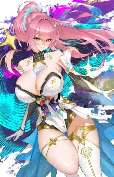 1girl aemeath_(wuthering_waves) alternate_breast_size_(larger) bare_shoulders blush breasts cleavage closed_mouth commentary elbow_gloves gloves hair_between_eyes hair_ornament large_breasts leotard long_hair mole mole_on_shoulder orange_eyes pink_hair ponytail sib_(9obsl) smile solo star-shaped_pupils star_(symbol) strapless strapless_leotard symbol-shaped_pupils tacet_mark_(wuthering_waves) thigh_gap thighs white_gloves white_leotard wuthering_waves