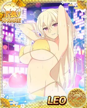 Rule 34 | 1girl, adjusting hair, aquarius (symbol), aries (symbol), arms behind head, ball, bikini, blonde hair, blush, breasts, building, cancer (symbol), capricorn (symbol), card (medium), character name, city, city lights, cityscape, cleavage, dodecagram, gemini (symbol), groin, hair between eyes, heavy lens flare, large breasts, lens flare, leo (senran kagura), leo (symbol), libra (symbol), linea alba, long hair, looking at viewer, micro bikini, navel, night, official art, palm leaf, palm tree, parted lips, pisces (symbol), pool, purple eyes, railing, sagittarius (symbol), school emblem, scorpio (symbol), senran kagura, senran kagura new wave, side-tie bikini bottom, sky, skyscraper, smile, solo, sparkle, star (sky), starry sky, stomach, string bikini, swimsuit, taurus (symbol), tree, umbrella, underboob, very long hair, virgo (symbol), wading, water, wet, zodiac wheel