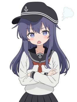 1girl absurdres akatsuki_(kancolle) anchor_symbol angry black_sailor_collar blush crossed_arms flat_cap frown hat highres kantai_collection long_hair long_sleeves neckerchief open_mouth pleated_skirt purple_eyes purple_hair red_neckerchief sailor_collar school_uniform serafuku simple_background skirt sugapi white_background